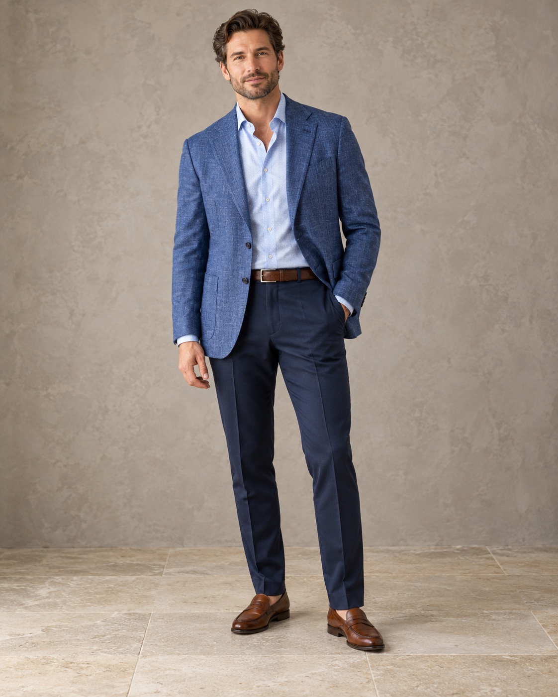 A man wearing a blue sport coat, light blue shirt, navy trousers, and a brown leather belt and loafers