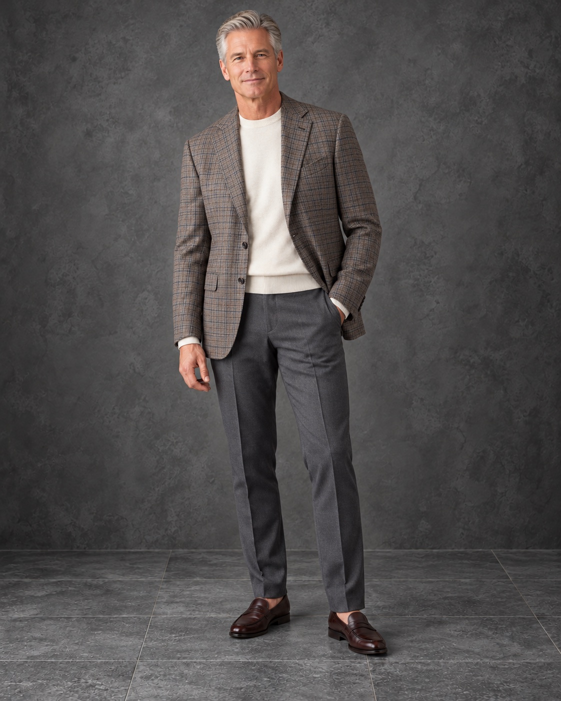 A man wearing a taupe checked sport coat, ivory crewneck sweater, gray tailored trousers, and dark brown leather loafers
