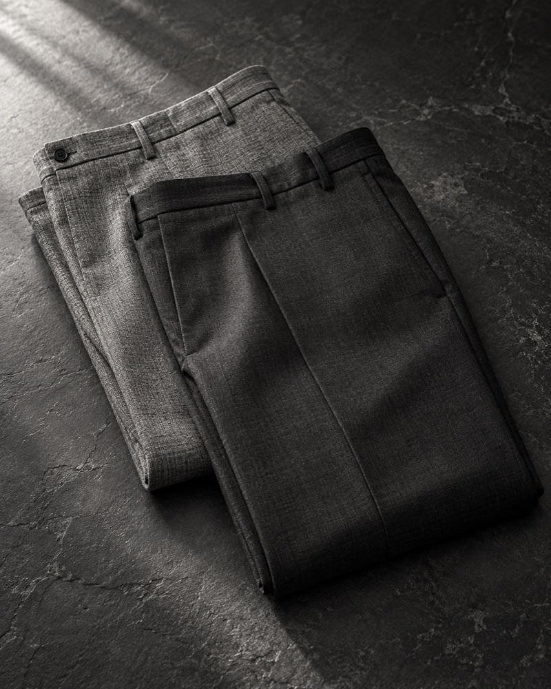 Folded gray tailored trousers on a dark stone surface